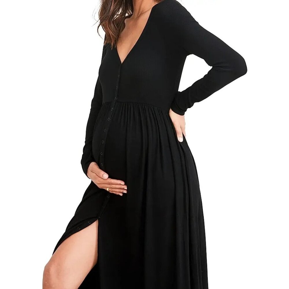 Hatch Black Long-Sleeve Maternity Maxi Dress with Front Buttons